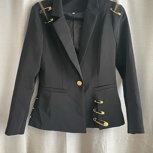 Black Women's Tailored Blazer with Gold Pin Details - Picture 3 of 11
